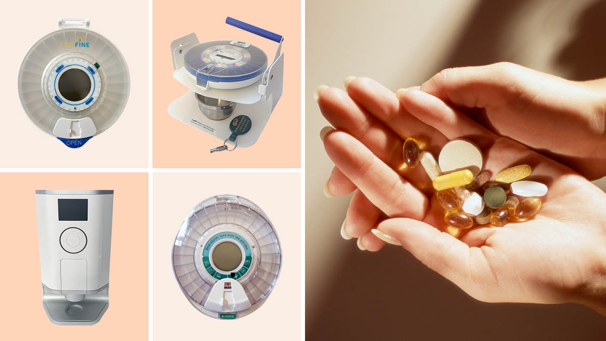 Four automatic pill dispensers on left, hands cradling a pile of pills and medication on right
